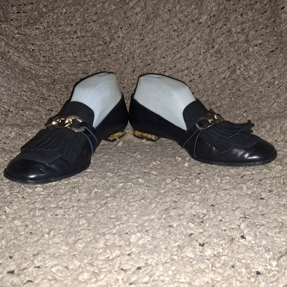 MASSIMO DUTTI-Black Nappa Leather Chain Suede Kiltie Loafers-Sz 37-Excellent - Picture 4 of 8